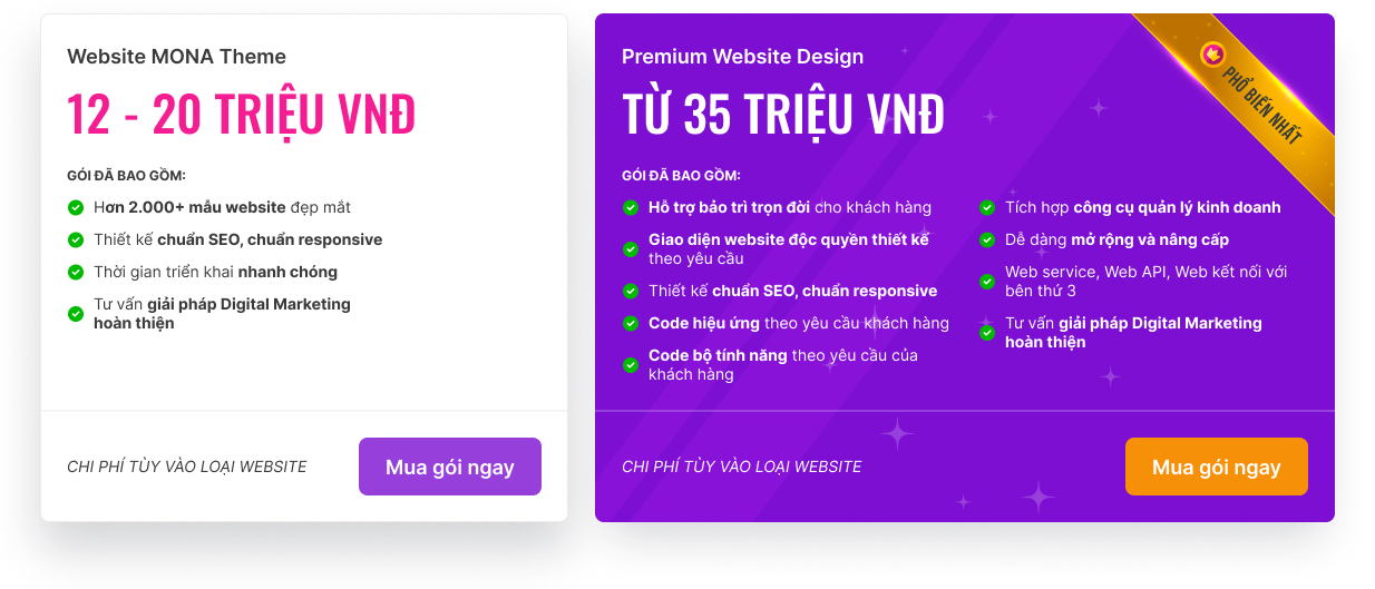 bảng giá thiết kế web tại Mona